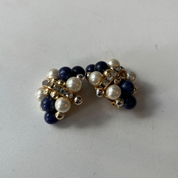 Vintage Faux Pearl Lapis and Rhinestone Cluster Clip Earrings - Picture 4 of 4